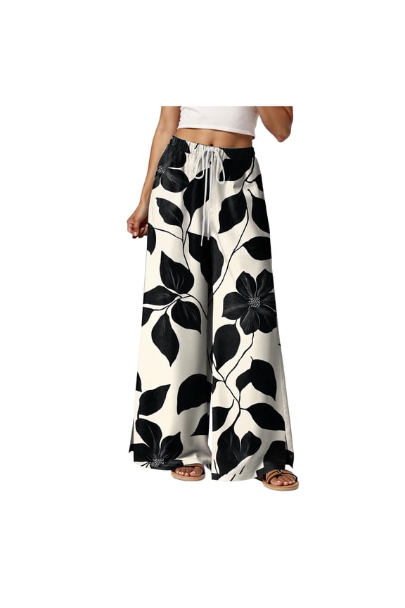 Women Summer Boho Palazzo Pants High Waist Wide Leg Floral Casual Cotton Lounge Trousers with Pockets Beige, M