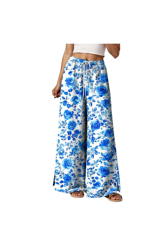 Women Summer Boho Palazzo Pants High Waist Wide Leg Floral Casual Cotton Lounge Trousers with Pockets Blue, XL