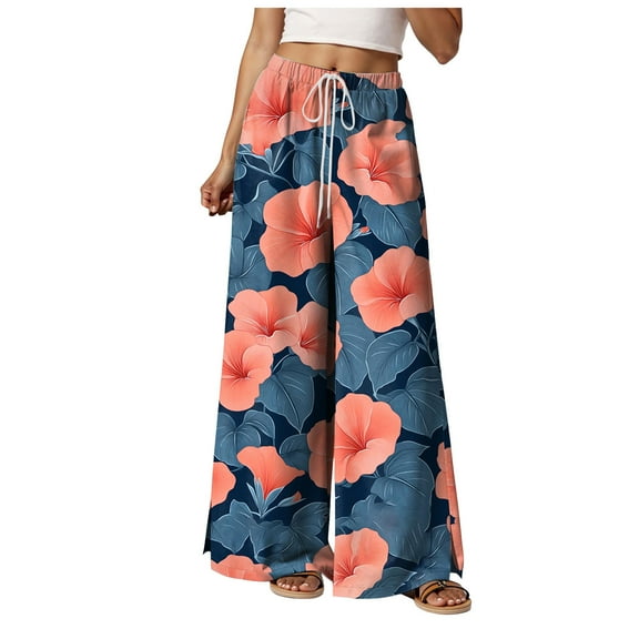 felwors Women Summer Boho Palazzo Pants High Waist Wide Leg Floral Casual Cotton Lounge Trousers with Pockets Dark Blue, XL