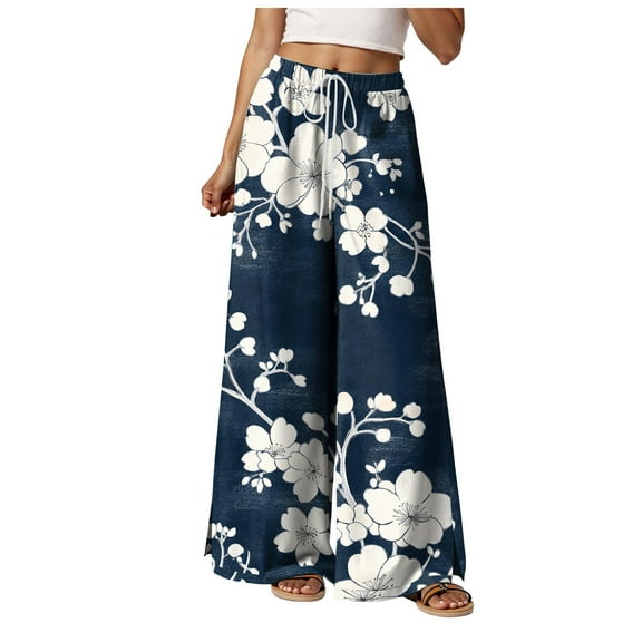 felwors Women Summer Boho Palazzo Pants High Waist Wide Leg Floral Casual Cotton Lounge Trousers with Pockets Navy, XXL