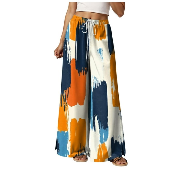 felwors Women Summer Boho Palazzo Pants High Waist Wide Leg Floral Casual Cotton Lounge Trousers with Pockets Orange, L