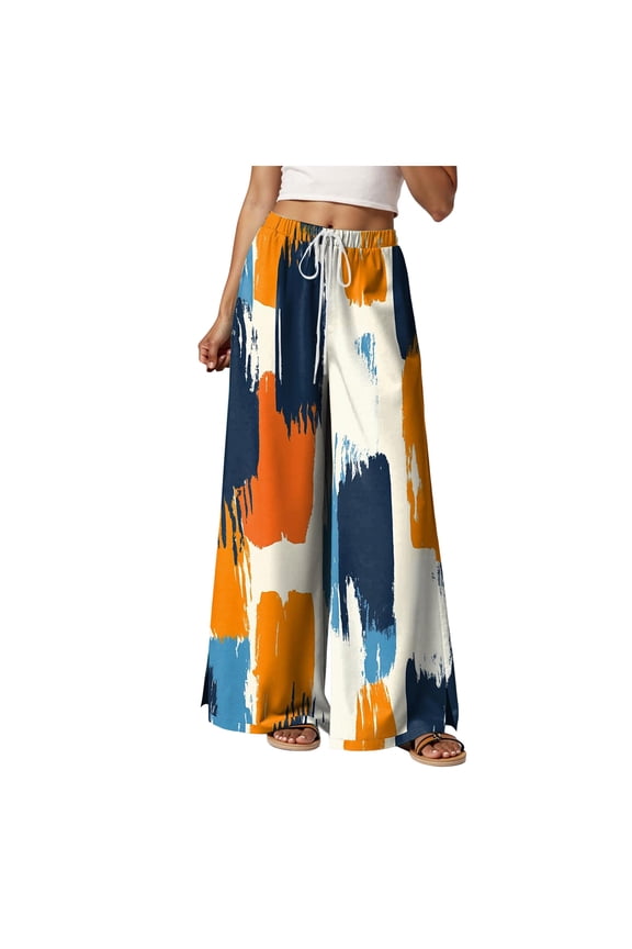 Women Summer Boho Palazzo Pants High Waist Wide Leg Floral Casual Cotton Lounge Trousers with Pockets Orange, XL