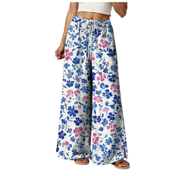 felwors Women Summer Boho Palazzo Pants High Waist Wide Leg Floral Casual Cotton Lounge Trousers with Pockets Sky Blue, M