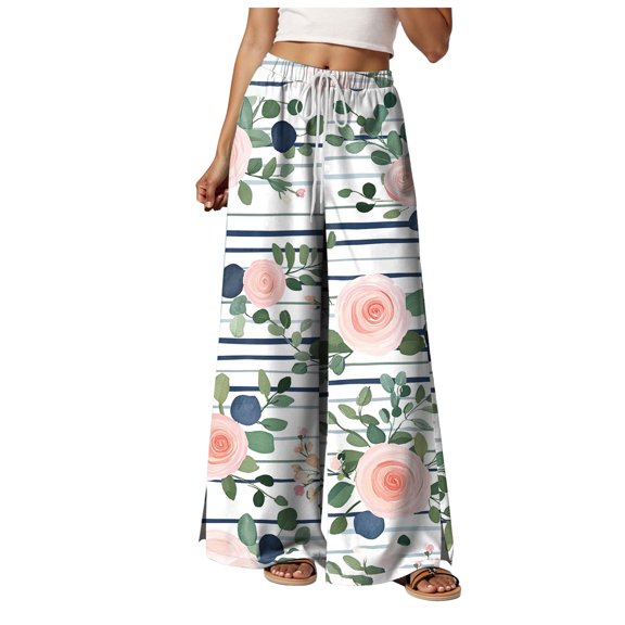 felwors Women Summer Boho Palazzo Pants High Waist Wide Leg Floral Casual Cotton Lounge Trousers with Pockets White, L