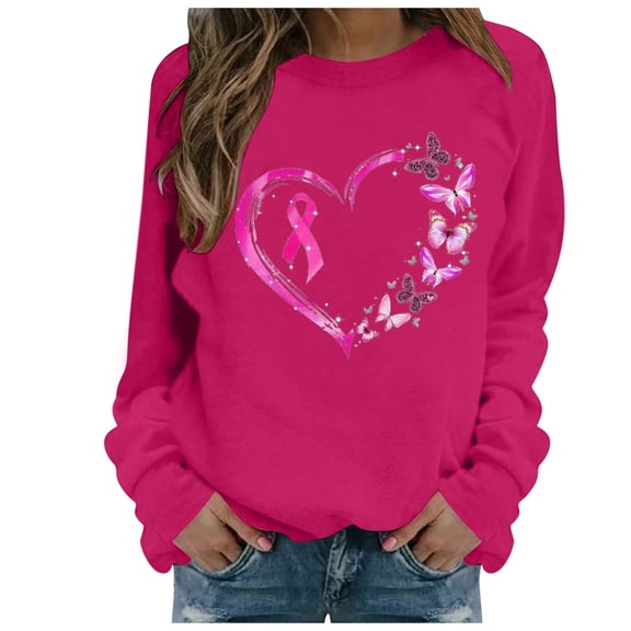 felwors Women Valentines Sweatshirts Heart Graphic Tees Shirt Long Sleeves Pullover Shirt Tops for Breast Cancer Awareness Hot Pink, L