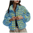 thumbnail image 1 of felwors Women Winter Sherpa Fleece Jacket Long Sleeve Zip Up Checkered Fuzzy Cropped Coats Warm Outwear with Pockets Blue, L, 1 of 5