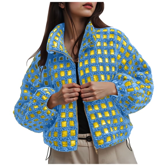 felwors Women Winter Sherpa Fleece Jacket Long Sleeve Zip Up Checkered Fuzzy Cropped Coats Warm Outwear with Pockets Blue, S