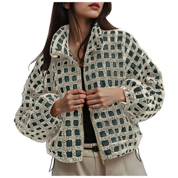 felwors Women Winter Sherpa Fleece Jacket Long Sleeve Zip Up Checkered Fuzzy Cropped Coats Warm Outwear with Pockets Green, L