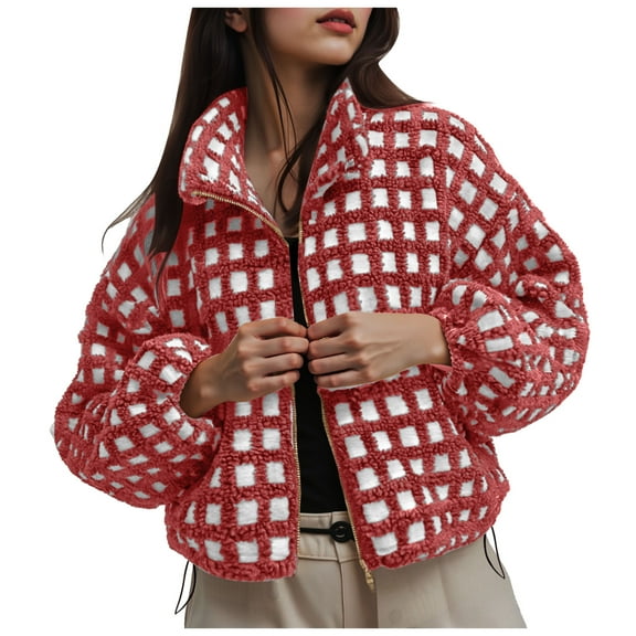 felwors Women Winter Sherpa Fleece Jacket Long Sleeve Zip Up Checkered Fuzzy Cropped Coats Warm Outwear with Pockets Red, XL
