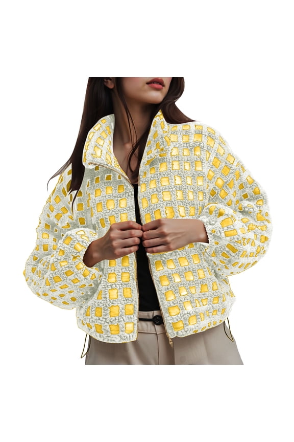 Women Winter Sherpa Fleece Jacket Long Sleeve Zip Up Checkered Fuzzy Cropped Coats Warm Outwear with Pockets Yellow, M