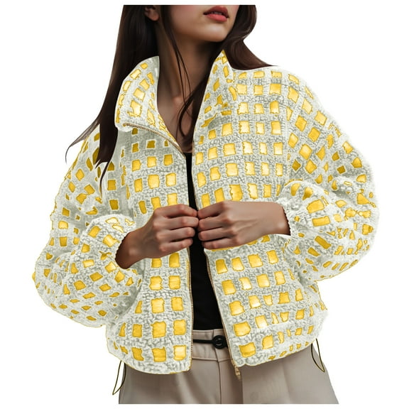 felwors Women Winter Sherpa Fleece Jacket Long Sleeve Zip Up Checkered Fuzzy Cropped Coats Warm Outwear with Pockets Yellow, XL