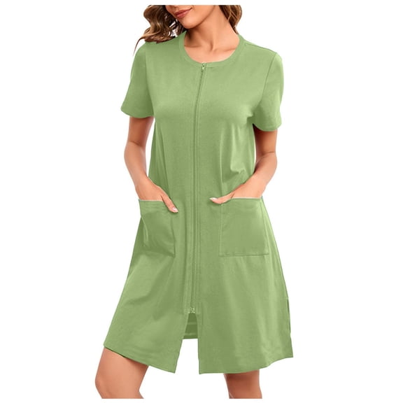 felwors Women Zipper Front House Coat Short Sleeves/3/4 Sleeve Robe Bathrobes Lightweight Knee Length Short House Dress Light Green, L