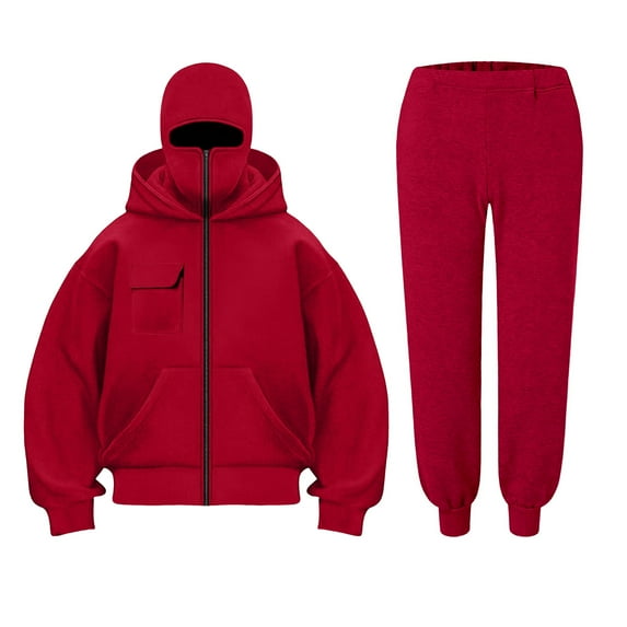 felwors Women's 2 Piece Balaclava Set - Zip Up Double Layer Hoodie with Kangaroo Pocket & Jogger Pants Hip Hop Y2K Outerwear(Red, XXXL)