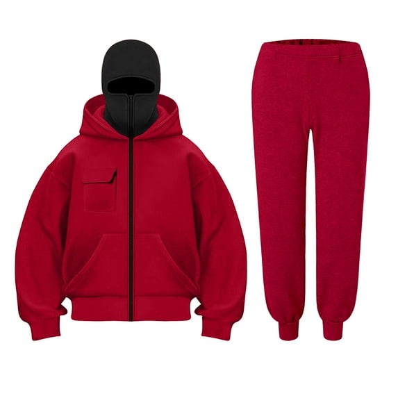 felwors Women's 2 Piece Balaclava Set - Zip Up Double Layer Hoodie with Kangaroo Pocket & Jogger Pants Hip Hop Y2K Outerwear(Watermelon Red, XL)