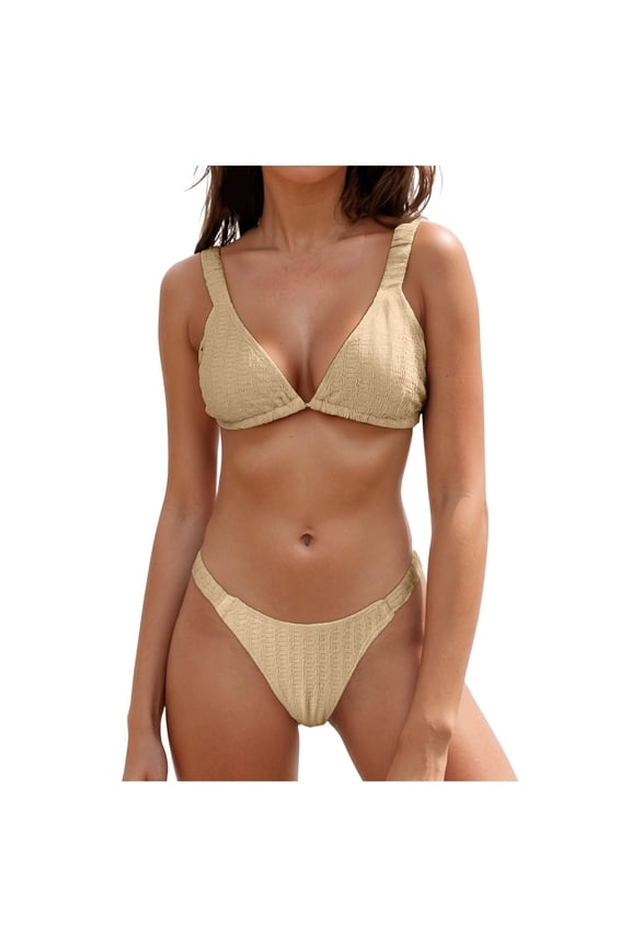 Women's 2 Piece Bikini Set Textured Ruched Low Rise Removable Paded Swimsuit Bathing Suit(Khaki, XL)