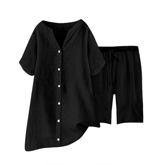 felwors Women's 2-Piece Cotton-Linen Blend Set - Short-Sleeve Button-Front Shirt & Wide-Leg Shorts | Loose-Fit, Breathable Casual Spring & Summer Outfit(Black, S)