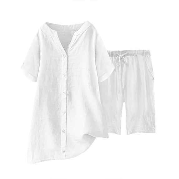 felwors Women's 2-Piece Cotton-Linen Blend Set - Short-Sleeve Button-Front Shirt & Wide-Leg Shorts | Loose-Fit, Breathable Casual Spring & Summer Outfit(White, XL)