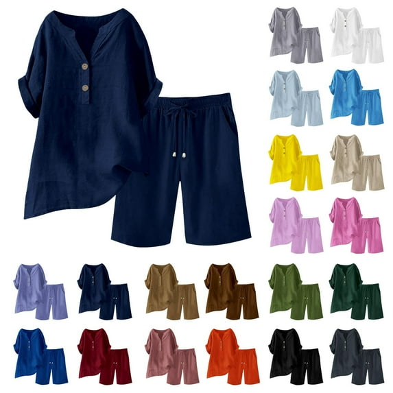 felwors Women's 2 Piece Cotton Linen Set - Short Sleeve Shirt & Wide Leg Shorts Loose Fit Casual Breathable Spring Summer Outfit(Light Blue, M)