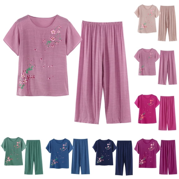 felwors Women’s 2 Piece Linen Outfits Short Sleeve Floral Print Lounge Sets Crewneck Summer Suits(Purple, XXXL)