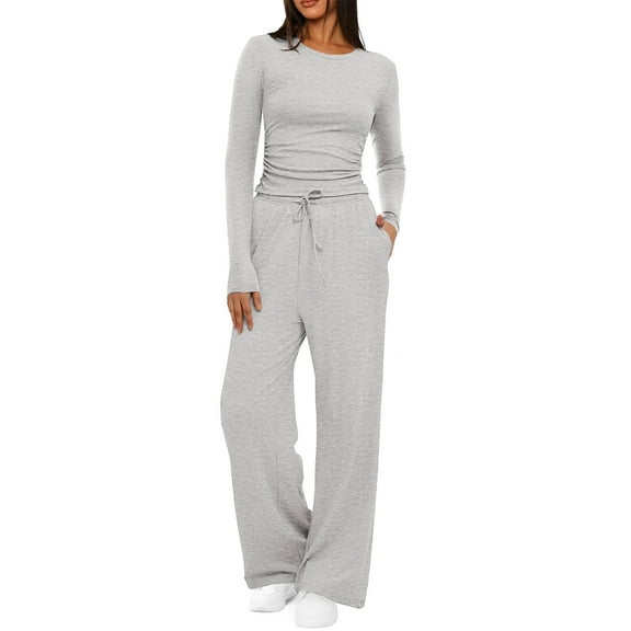 felwors Women's 2 Piece Lounge Sets Long Sleeve Soft and ComfortableT Shirt Wide Leg Pants Casual Outfits Tracksuit Light Gray, XL