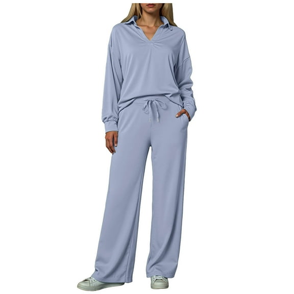 felwors Women's 2 Piece Lounge Sets Side Slit Outfits Wide Leg Tracksuit Comfy Loungewear Fashion Sweatsuit Light Blue, M