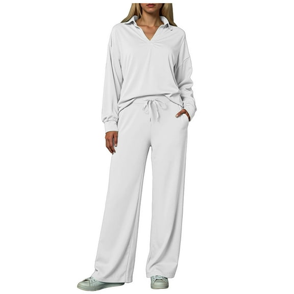felwors Women's 2 Piece Lounge Sets Side Slit Outfits Wide Leg Tracksuit Comfy Loungewear Fashion Sweatsuit White, L