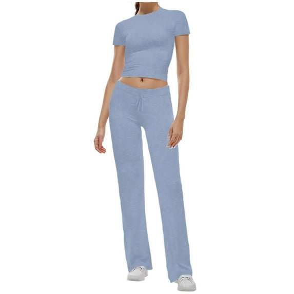 felwors Women's 2 Piece Lounge Sets Straight Leg Pants Set Short Sleeve Crop T-shirt Casual Outfits Comfy Loungewear Blue, L