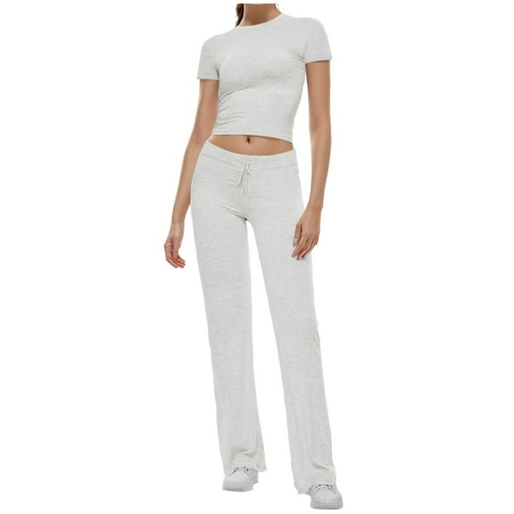 felwors Women's 2 Piece Lounge Sets Straight Leg Pants Set Short Sleeve Crop T-shirt Casual Outfits Comfy Loungewear Grey, S
