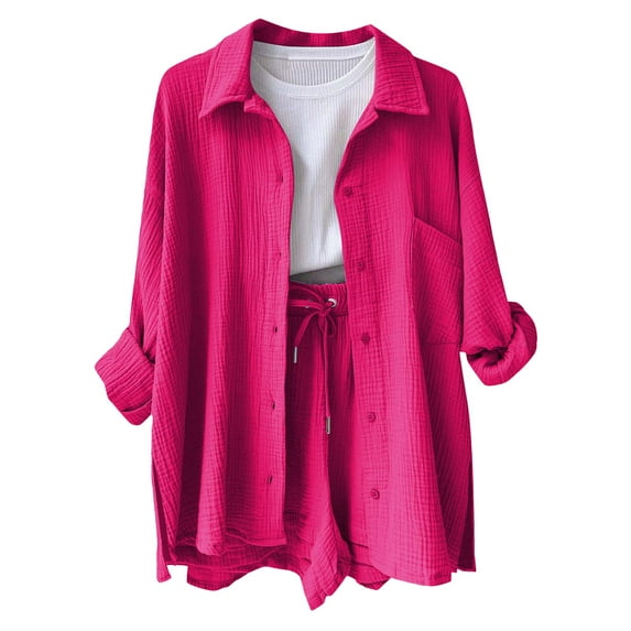 felwors Women's 2 Piece Outfits Long Sleeve Button Down Shirts and Shorts Set Casual 2 Piece Sets Summer Oversized Tracksuit(Hot Pink, S)