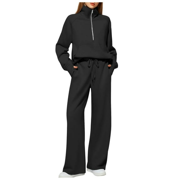 felwors Women's 2 Piece Outfits Lounge Set 2025 Oversized Half Zip Sweatshirt Wide Leg Sweatpant Set Sweatsuit Tracksuit Black, S