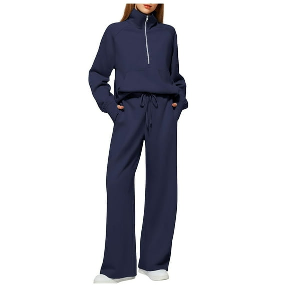 felwors Women's 2 Piece Outfits Lounge Set 2025 Oversized Half Zip Sweatshirt Wide Leg Sweatpant Set Sweatsuit Tracksuit Blue, M