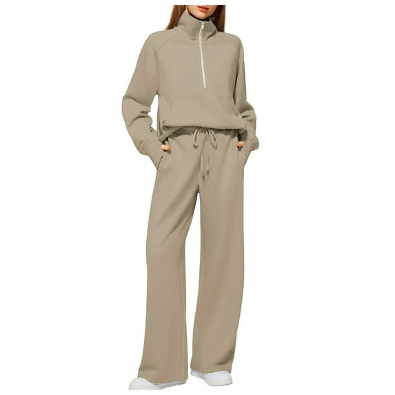 felwors Women's 2 Piece Outfits Lounge Set 2025 Oversized Half Zip Sweatshirt Wide Leg Sweatpant Set Sweatsuit Tracksuit Coffee, XXL