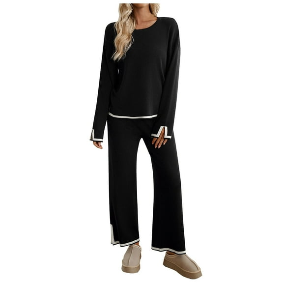 felwors Women's 2 Piece Outfits Set 2025 Casual Long Sleeve Knit Pullover Top and Wide Leg Pants Sweatsuit Lounge Sets Black, XL