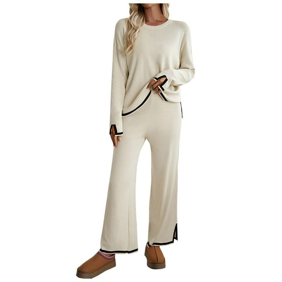 felwors Women's 2 Piece Outfits Set 2025 Casual Long Sleeve Knit Pullover Top and Wide Leg Pants Sweatsuit Lounge Sets OTHER, XL