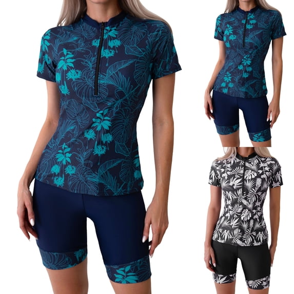 felwors Women's 2 Piece Rash Guard Swimsuit Short Sleeve Half-Zip Tropical Print with Knee-Length Swim Shorts Modest Swimwear for Water Sports (Navy, XL)