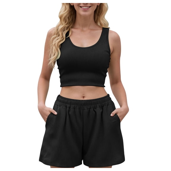 felwors Women's 2 Piece Ribbed Loungewear Set - Sleeveless Crop Tank Top & High-Waisted Shorts | Stretchy Pocket Design Casual Everyday Outfit(Black, M)