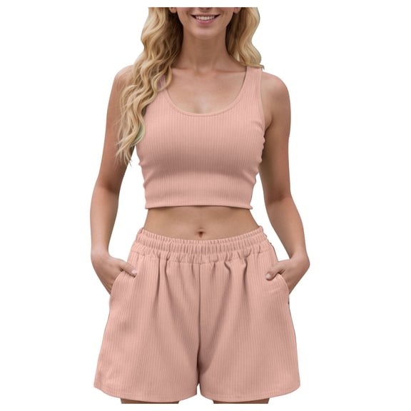felwors Women's 2 Piece Ribbed Loungewear Set - Sleeveless Crop Tank Top & High-Waisted Shorts | Stretchy Pocket Design Casual Everyday Outfit(Khaki, L)