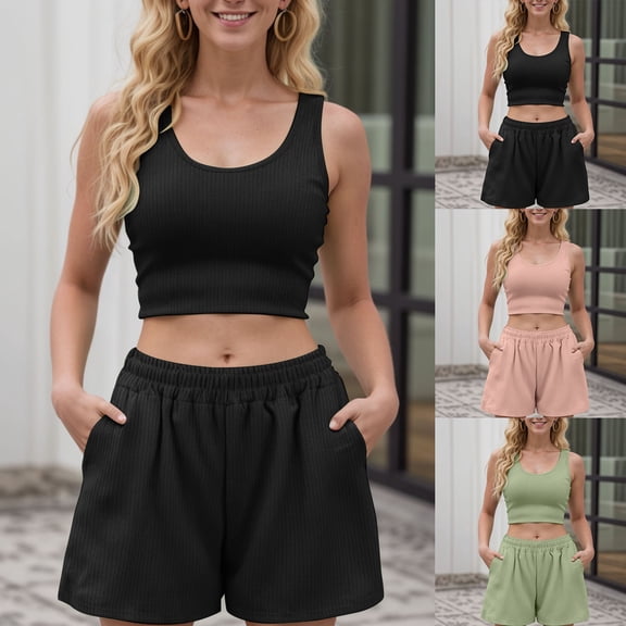 felwors Women's 2 Piece Ribbed Loungewear Set - Sleeveless Crop Tank Top & High-Waisted Shorts | Stretchy Pocket Design Casual Everyday Outfit(Khaki, S)