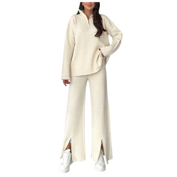 felwors Women's 2 Piece Sweater Sets Ribbed Quarter Zip Knit Top Zipper Split Wide Leg Pants Fall 2 Piece Outfits Beige, S