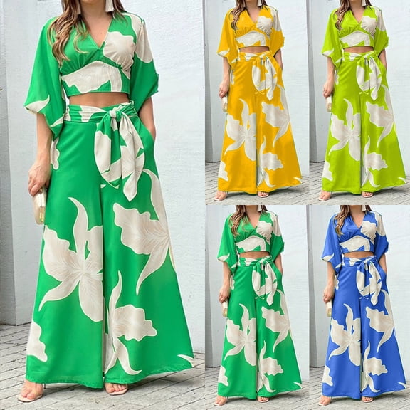 felwors Women's 2-Piece Tropical Floral Outfit – V-Neck Crop Top & Wide Leg High Waist Pants, Boho Summer Beachwear Set for Vacation, Resort, Casual Wear(Blue, S)