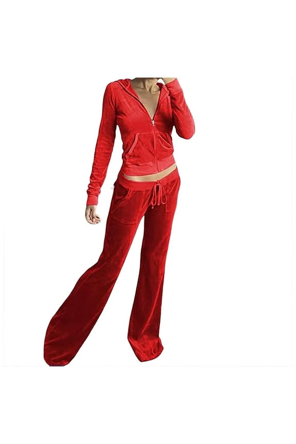 Women's 2-Piece Velour Tracksuit – Zip-Up Hoodie Crop Top & Wide Leg Drawstring Pants, Cozy Lounge Wear for Home, Casual Outings, and Light Workouts(Red, M)