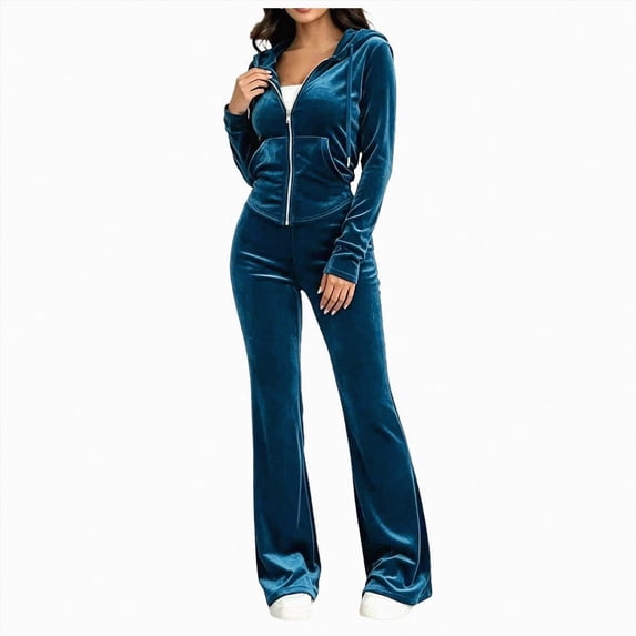 felwors Women's 2 Piece Workout Set, Velvet Tracksuit Long Sleeve Zipper Hoodie and Velour Sweatpants, Jogging Lounge Suit for Activewear & Relax (Blue, XXL)