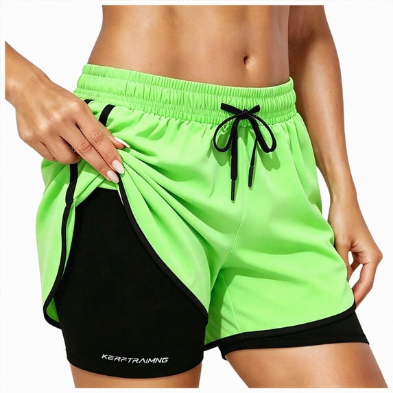 felwors Women's 2-in-1 Quick-Dry Running Shorts with Compression Liner High Waisted Neon Athletic Workout Shorts for Summer Gym Green for Size S