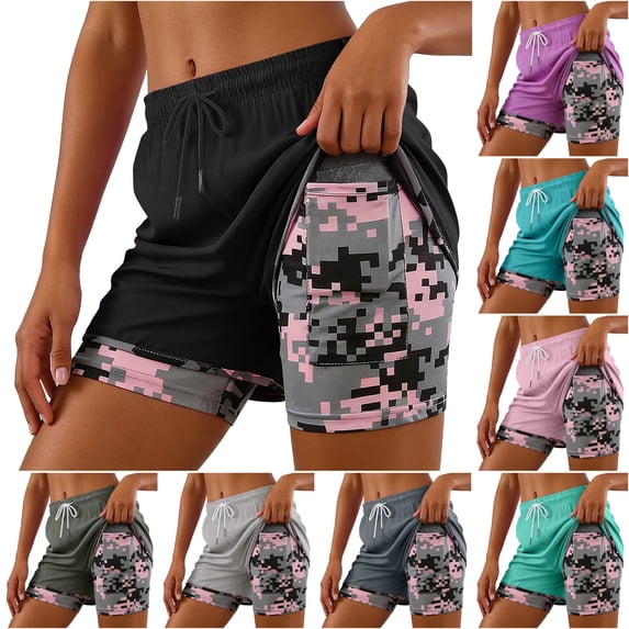 felwors Women's 2-in-1 Running Shorts with Pocket High Waisted Yoga Workout Shorts Quick Dry Athletic Camo Liner Shorts for Exercise Fitness (Purple, S)