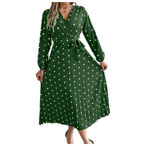 felwors Women's 2024 Autumn Long Sleeve Clashing Polka Dot Cross V-Neck Casual Loose Pleated Long Dresses Green, L