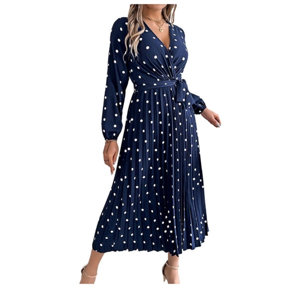 felwors Women's 2024 Autumn Long Sleeve Clashing Polka Dot Cross V-Neck Casual Loose Pleated Long Dresses Navy, S