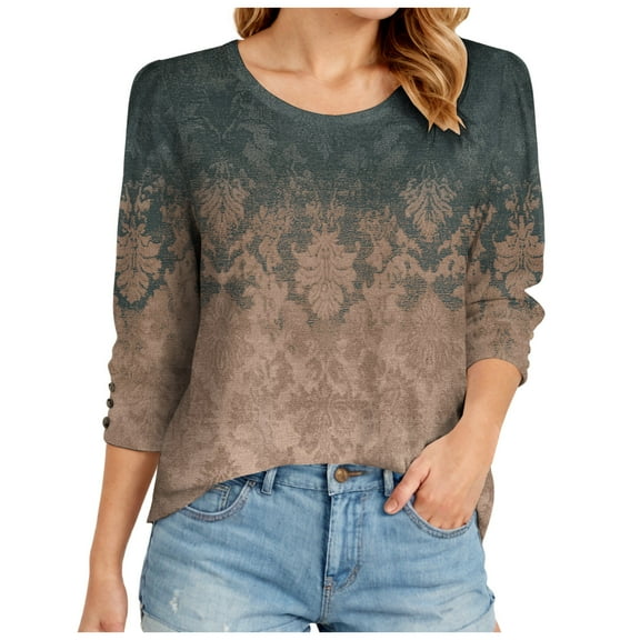 felwors Women's 2025 Fall Fashion Tops 3/4 Length Sleeve Crew Neck Business Casual Blouses Loose Fit Dressy Boho T Shirts AG, M