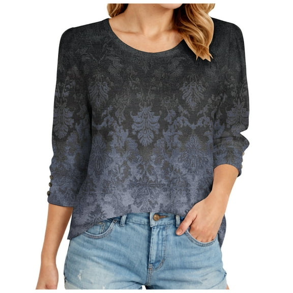 felwors Women's 2025 Fall Fashion Tops 3/4 Length Sleeve Crew Neck Business Casual Blouses Loose Fit Dressy Boho T Shirts Grey, XL