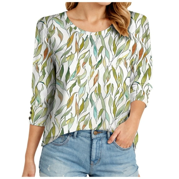 felwors Women's 2025 Fall Fashion Tops 3/4 Length Sleeve Crew Neck Business Casual Blouses Loose Fit Dressy Boho T Shirts Light Green, XL