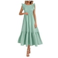 thumbnail image 1 of felwors Women's 2025 Summer Casual Flutter Short Sleeve Crew Neck Smocked Elastic Waist Tiered Midi Dress Green, M, 1 of 7